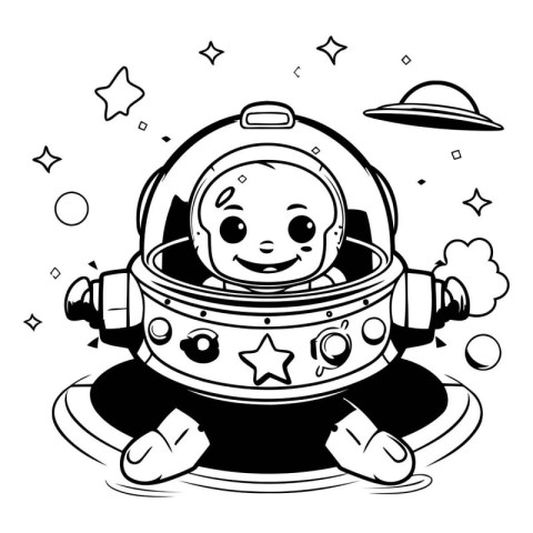 Black and White Cartoon Illustration of Cute Baby Astronaut Char