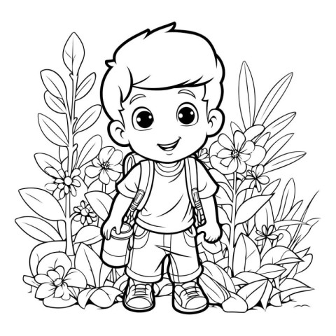 Coloring book for children: boy with backpack and flowers. vecto