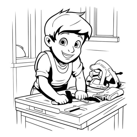 Boy working on a laptop in the kitchen. black and white vector i