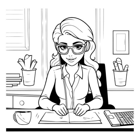 Businesswoman working in office. Coloring book for adults. Black