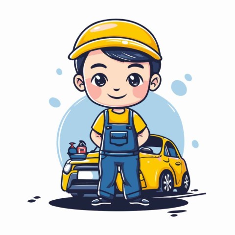 Cute cartoon mechanic standing near the yellow car. Vector illus