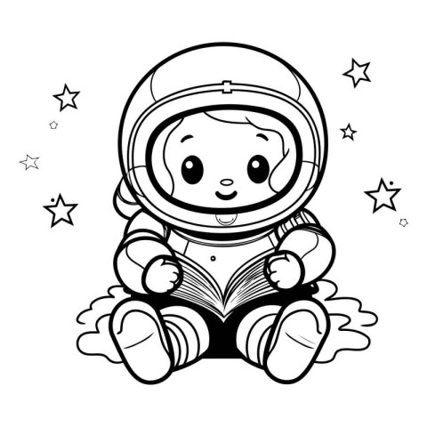 Cute cartoon astronaut sitting and reading a book. Vector illust