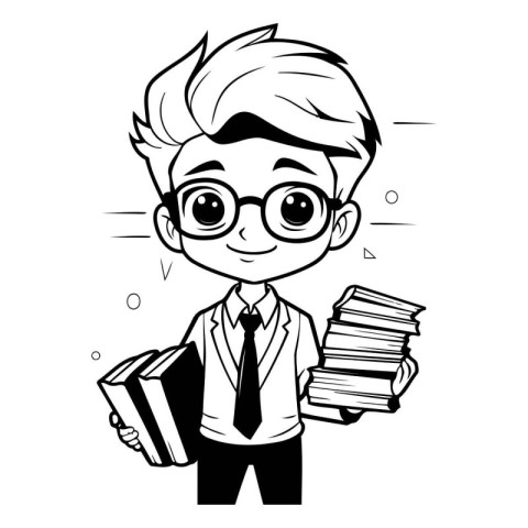 School boy with books. Black and white vector illustration for c