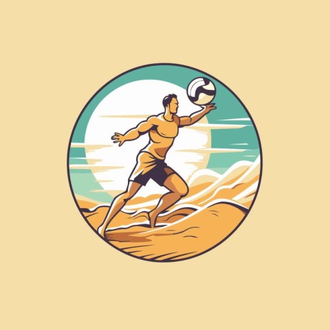 Soccer player with ball on the beach. Vector illustration in ret