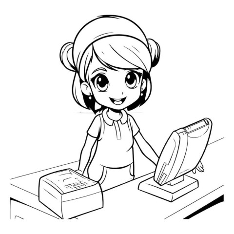 Black and White Cartoon Illustration of Cute Little Girl or Teen