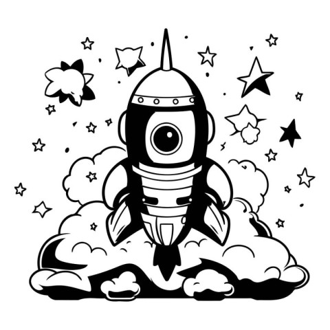 space rocket with stars and clouds in black and white vector ill