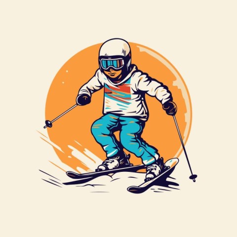 Skier in helmet and glasses rides on skis. vector illustration