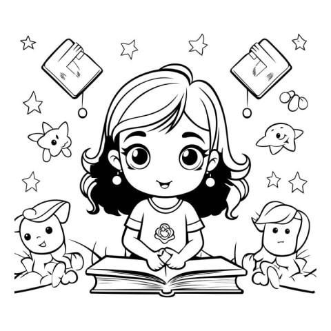 Cute little girl reading a book. Vector illustration coloring pa