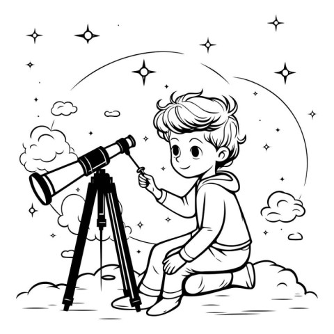 Cute little boy looking through a telescope on the background of