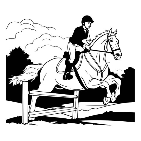 Jockey on horse jumping over obstacles. black and white vector i