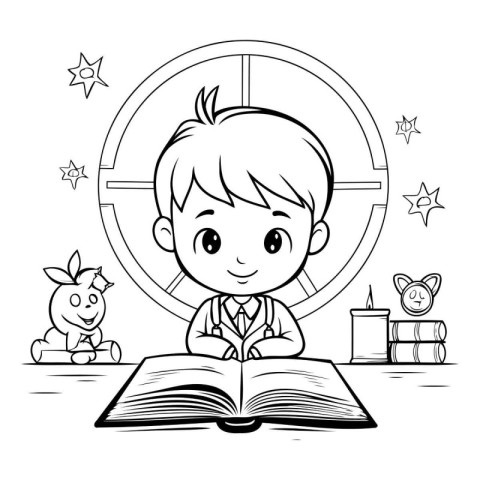 Boy reading a book. Black and white vector illustration for colo