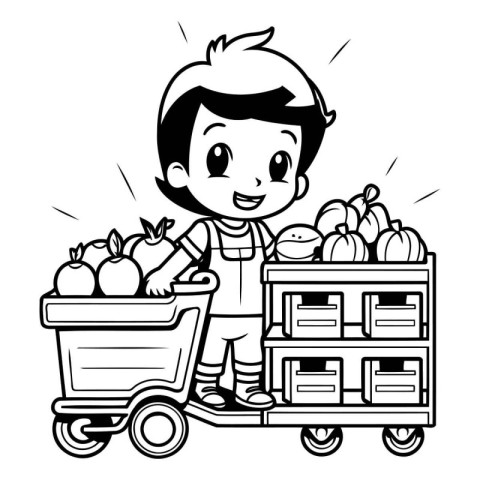 Fruits and vegetables boy with cart and boxes vector illustratio