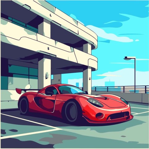 Red sport car in front of modern office building. Vector illustr