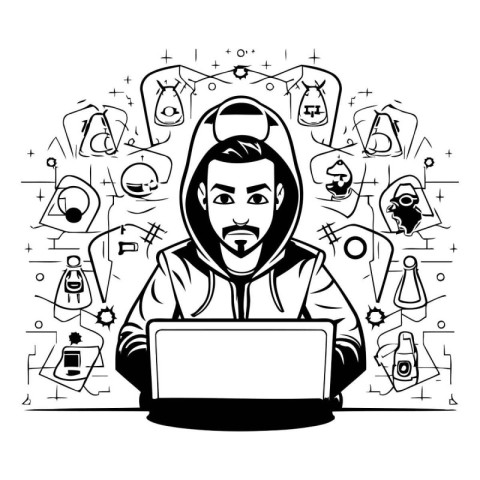 Vector illustration of a man with a beard and mustache in a hood