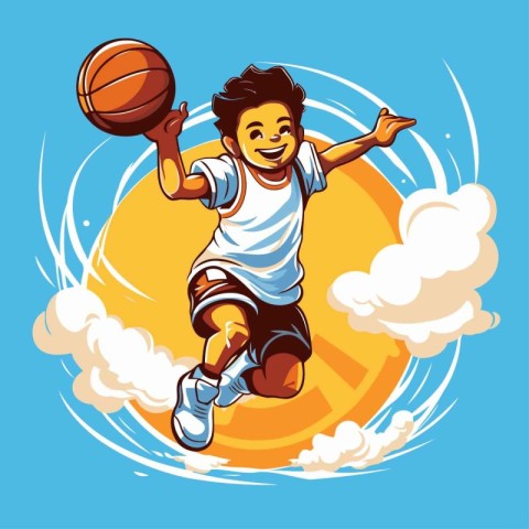 Vector illustration of a boy playing basketball on a background