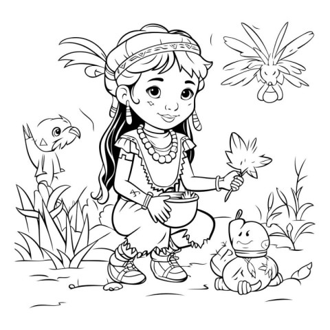 Coloring Page Outline Of a Cute Little Girl Wearing Indian Costu