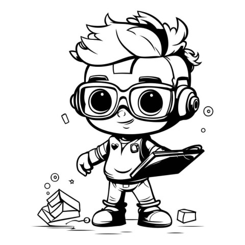 Vector illustration of Cute Cartoon nerd boy. Black and white.