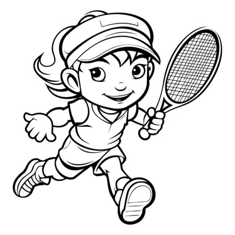 Tennis Player - Black and White Cartoon Illustration. Vector Art