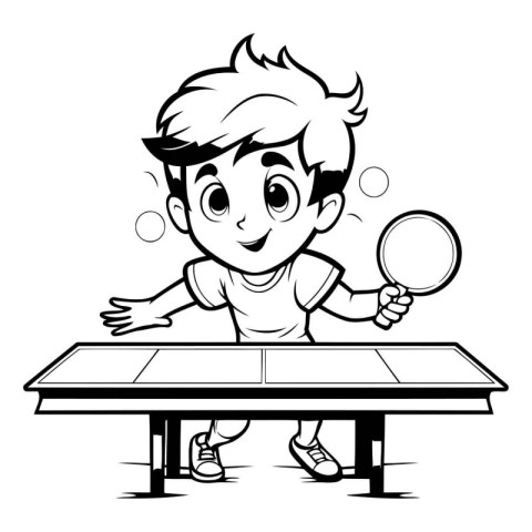 Boy Playing Table Tennis - Black and White Cartoon Illustration.