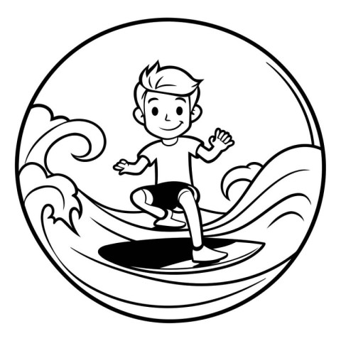 Boy surfing in a circle on a surfboard. Vector illustration.