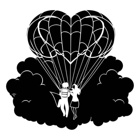 couple with parachute flying in the clouds black and white vecto