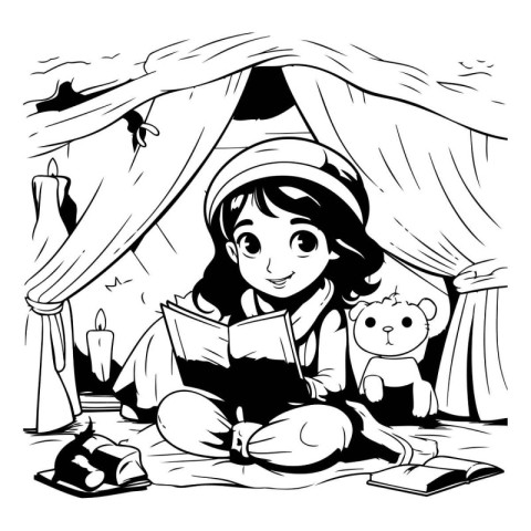 Black and white illustration of a little girl reading a book in