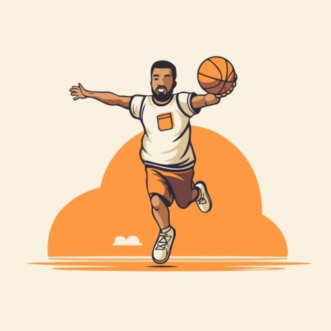 Basketball player jumping with ball. Vector illustration in retr