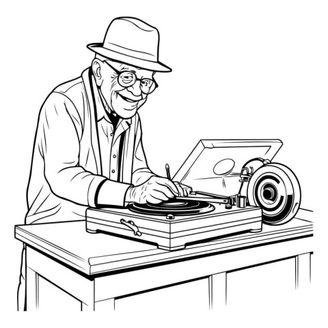 Old man playing on turntable. black and white vector illustratio