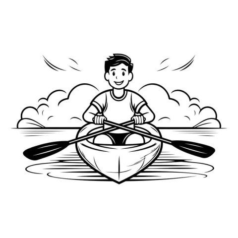 Cartoon man rowing boat on the lake. Vector illustration.