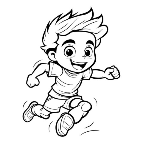 Running Boy - Black and White Cartoon Illustration. Isolated on