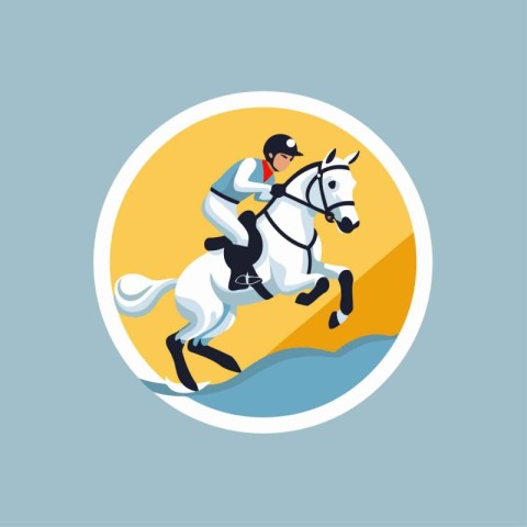 Jockey on horse jumping round icon. Flat style vector illustrati