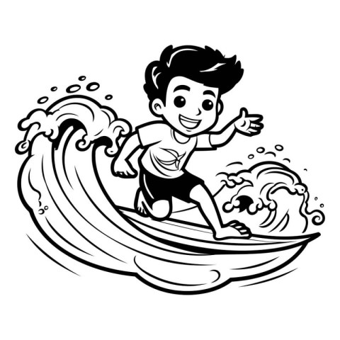 Boy Surfing - Black and White Vector Illustration. Isolated On W