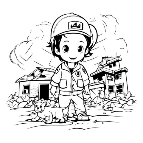 Black and White Cartoon Illustration of Little Fireman or Firema