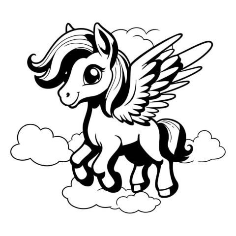 Unicorn with wings flying in the clouds. Monochrome vector illus