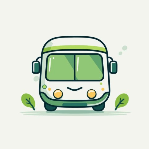 Cute bus with green leaves in flat style. Vector illustration.