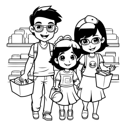 Family single father with kids holding school supplies cartoon v