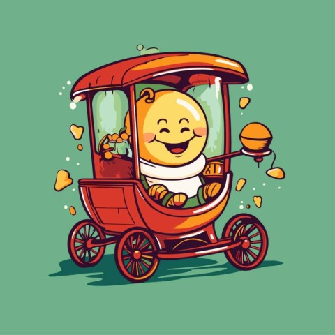 Cute cartoon lion rides a carriage with food. Vector illustratio