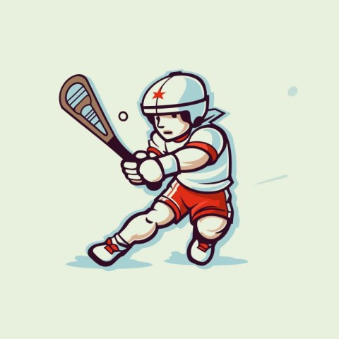 Illustration of a cartoon hockey player with a bat and ball.