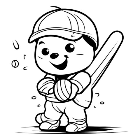 Cricket Player - Black and White Cartoon Illustration. Vector