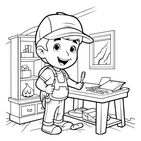 Black and White Cartoon Illustration of Kid Boy Repairing Furnit