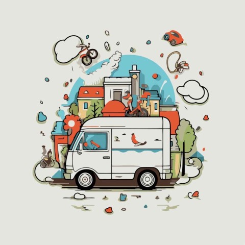 Vector illustration of a van delivering food to the city. Delive