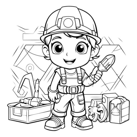 Black and White Cartoon Illustration of Kid Construction Worker