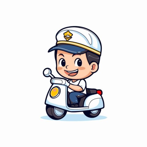 Cute boy driving a scooter on white background. Vector illustrat