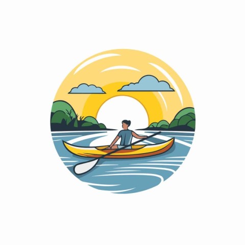 Man in a kayak on the river. Flat vector illustration.