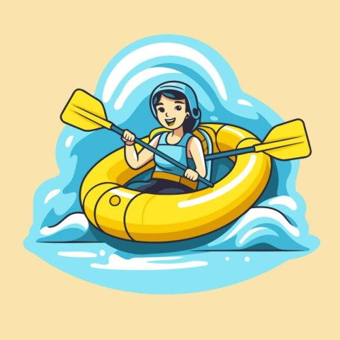 Young woman kayaking in the sea. Vector illustration in cartoon