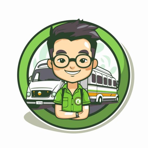 Hipster man with bus and train on background. Vector illustratio