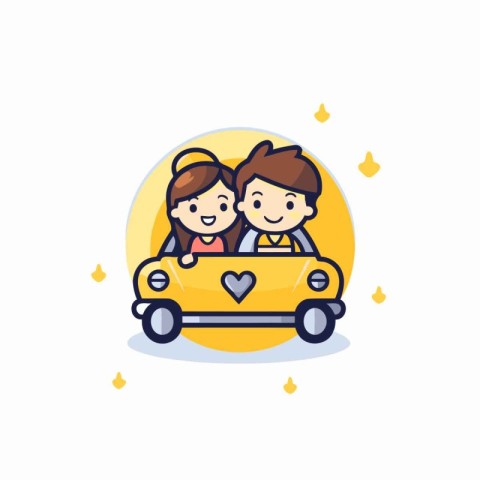 Couple in love on a yellow car. Vector flat illustration.