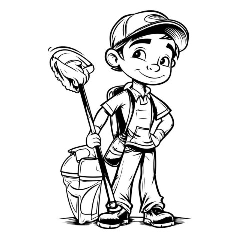 Cute boy with a broom and a bag. Vector illustration.