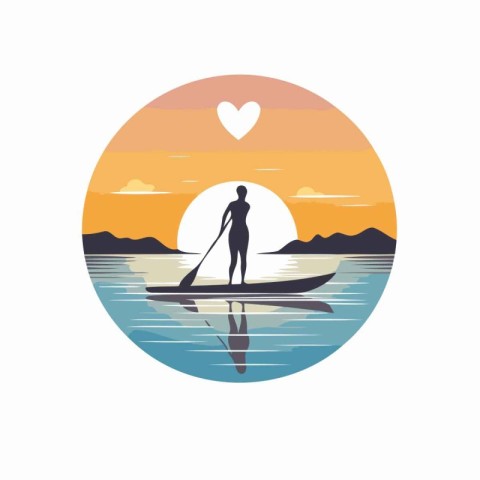 Silhouette of a woman on a paddle board in the sunset. Vector il