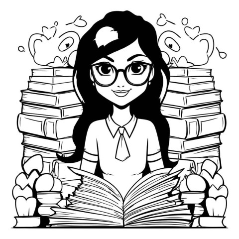 Girl reading a book. Black and white vector illustration for col